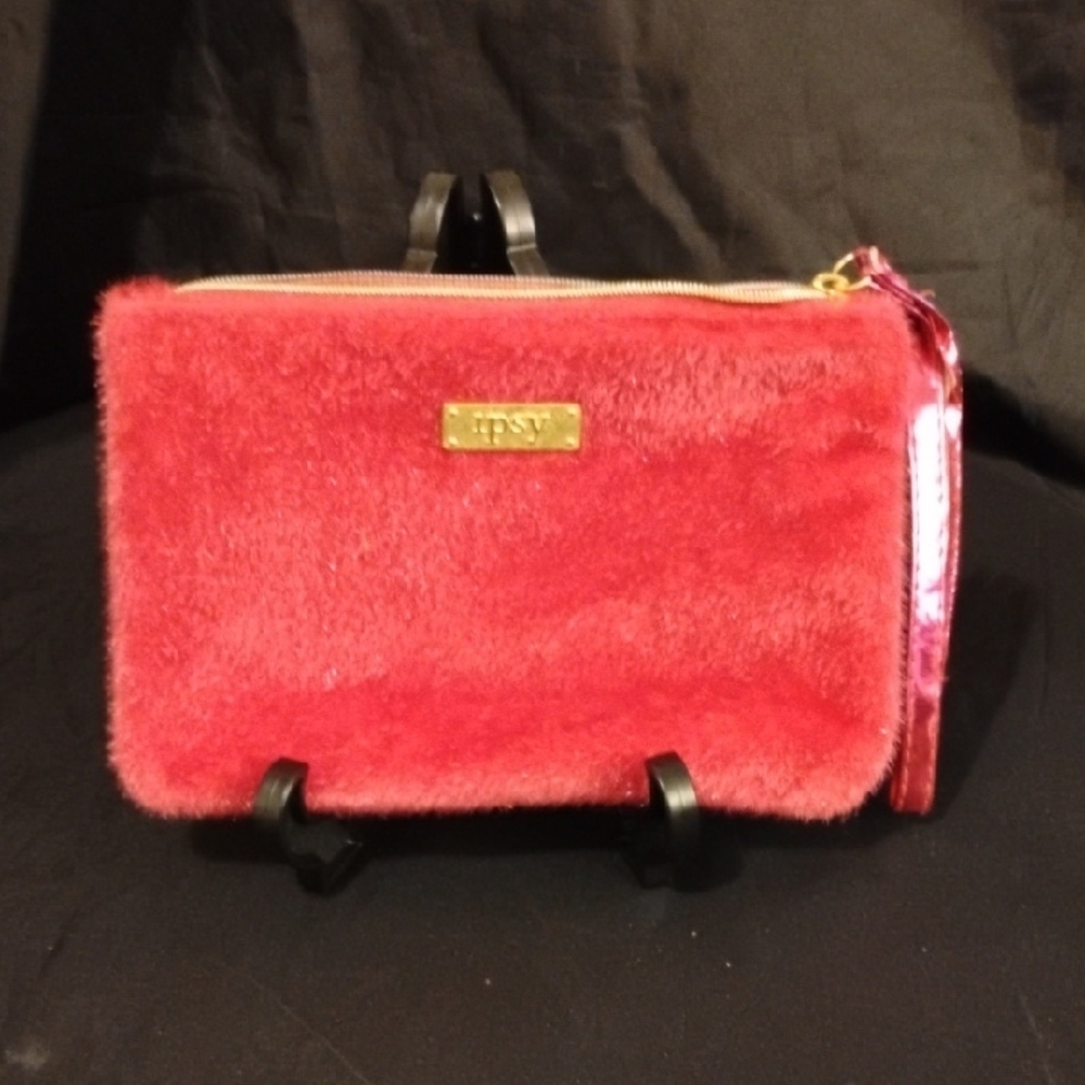 Ipsy Pink Fuzzy Cosmetic Bag with Gold Detail